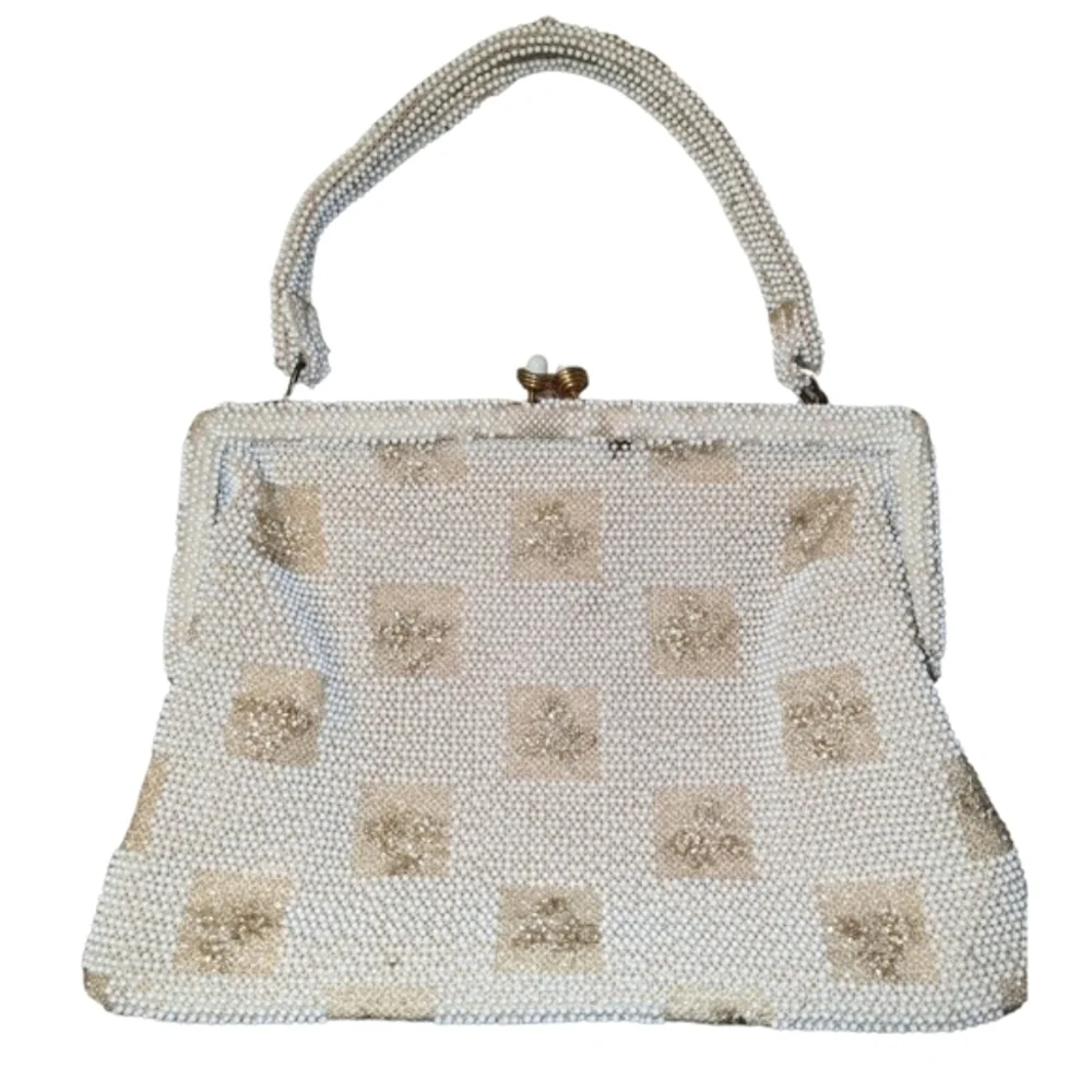 Vintage Lumured Beaded Handbag Cream And Gold